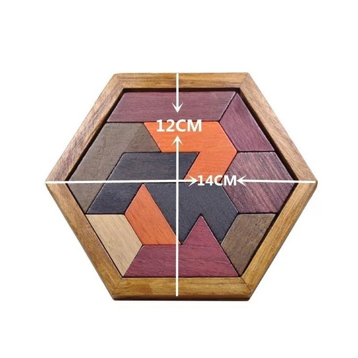 Puzzle tangram hexagonal din lemn, 12x14cm, pentru copii si adulti