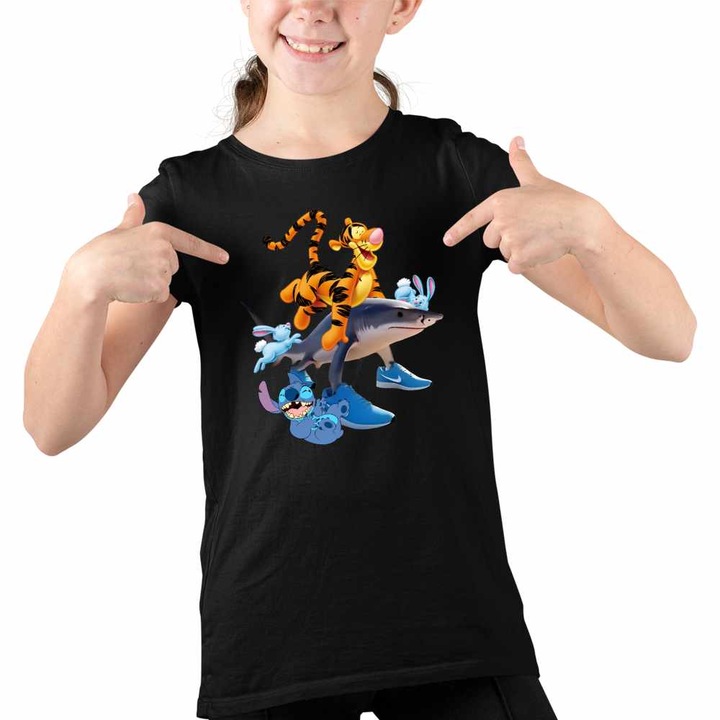 Tricou Copii Fete Tigger Tralalero Tralala Stitch Tigru Rechin, Fekete