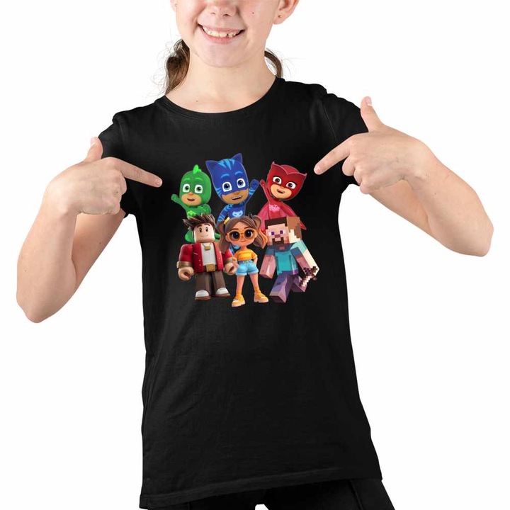 Tricou Copii Fete PJ Masks Roblox Minecraft, Fekete