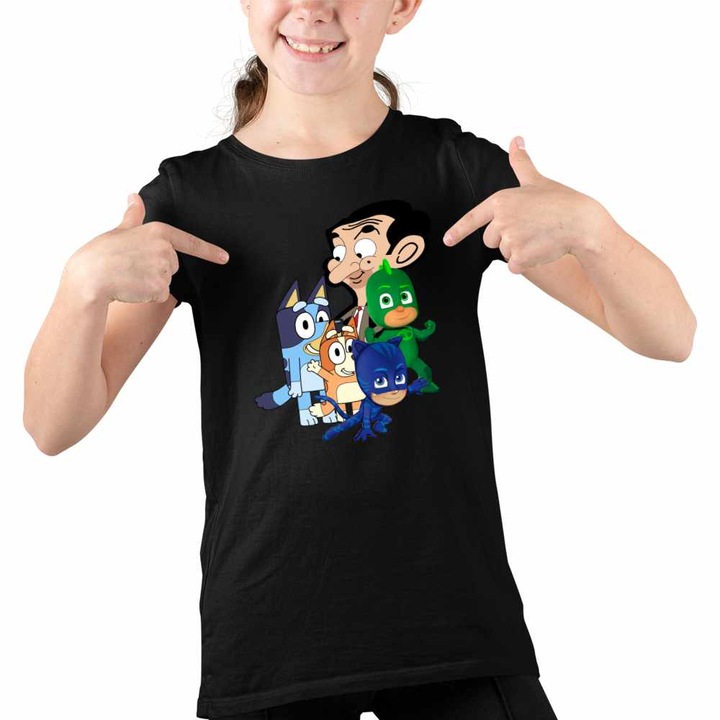 Tricou Copii Fete Bluey Mr Bean Eroii in Pijama Pj Masks, Fekete