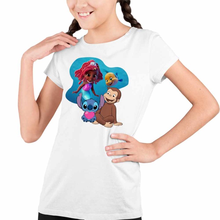 Tricou Copii Fete Curiosul George Ariel Stitch Maimuta Desene, Fehér