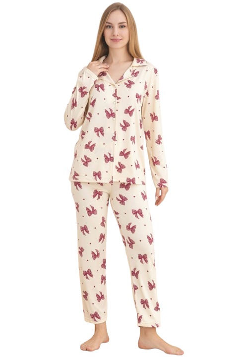 Pijama Dama Premium Uramag, Nasturi, Lunga, 2 piese, Ivoire