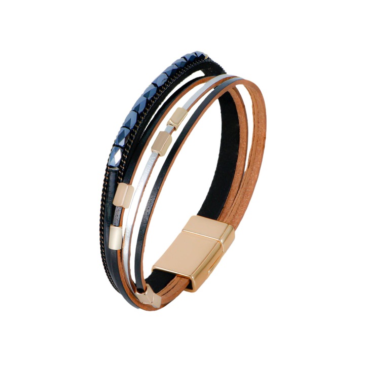 Bratara boho dama, neagra cu detalii aurii si accente stralucitoare, 19,5cm