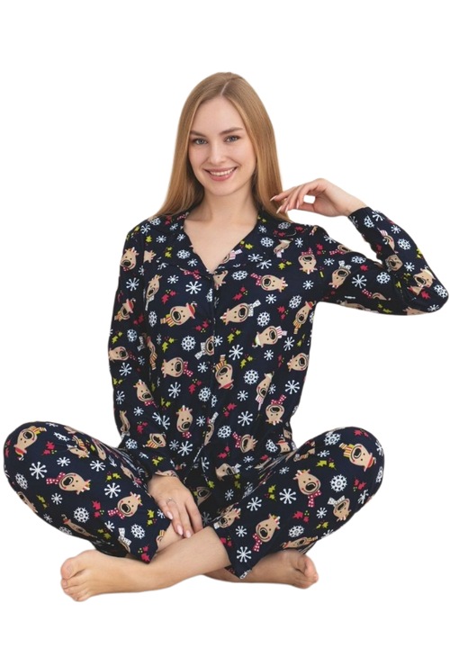 Pijama Dama Premium Uramag, Nasturi, Lunga, 2 piese, Bleumarin