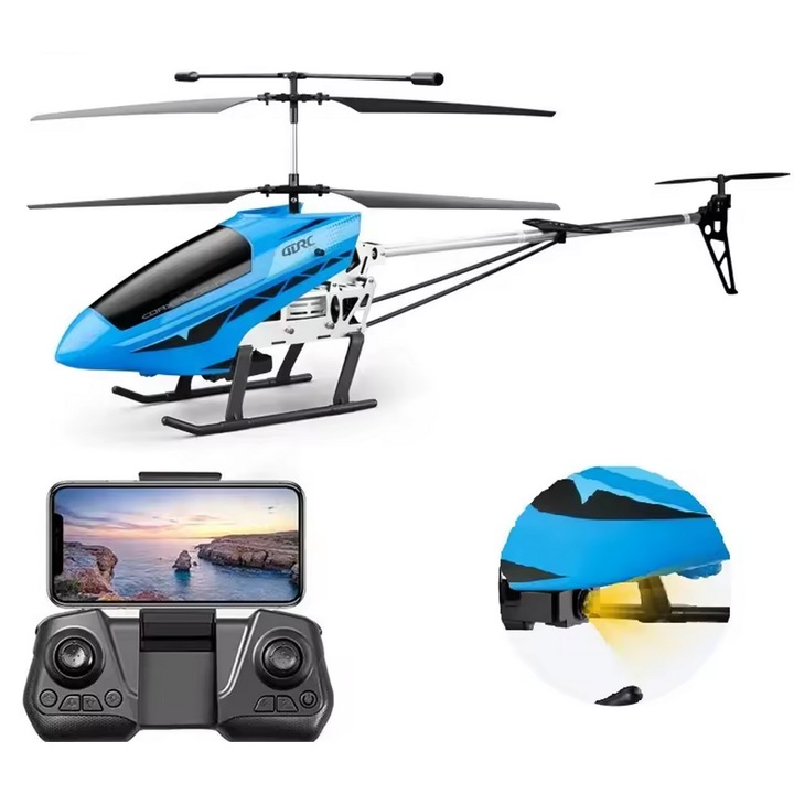 Elicopter mare cu telecomanda si camera duala 4K UHD, lumini LED, giroscop, incarcare USB, acumulator inclus, 72x38x23cm