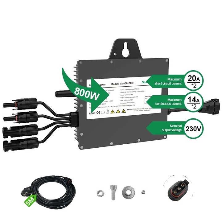 Micro-invertor auto, 800 W, monitorizare inteligenta, 230V, 16-60V