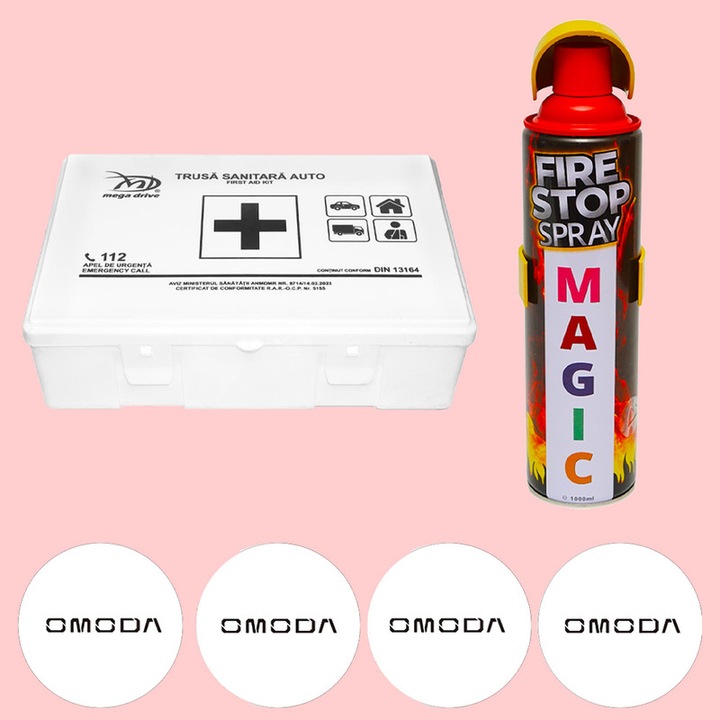 Kit siguranta trusa medicala si stingator, Trusa medicala omologata de prim ajutor, Stingator extinctor tip spray 1000ml, 4x Stickere auto cu Omoda