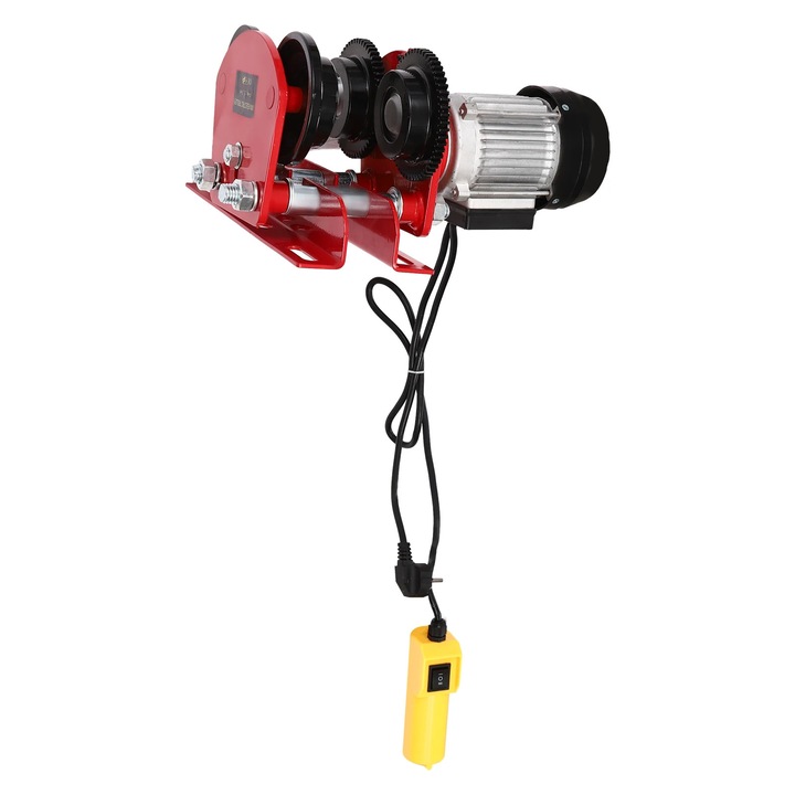 Troliu electric cu cablu, cu carucior, capacitate 1000 kg, motor 370 W, cablu de otel, rosu