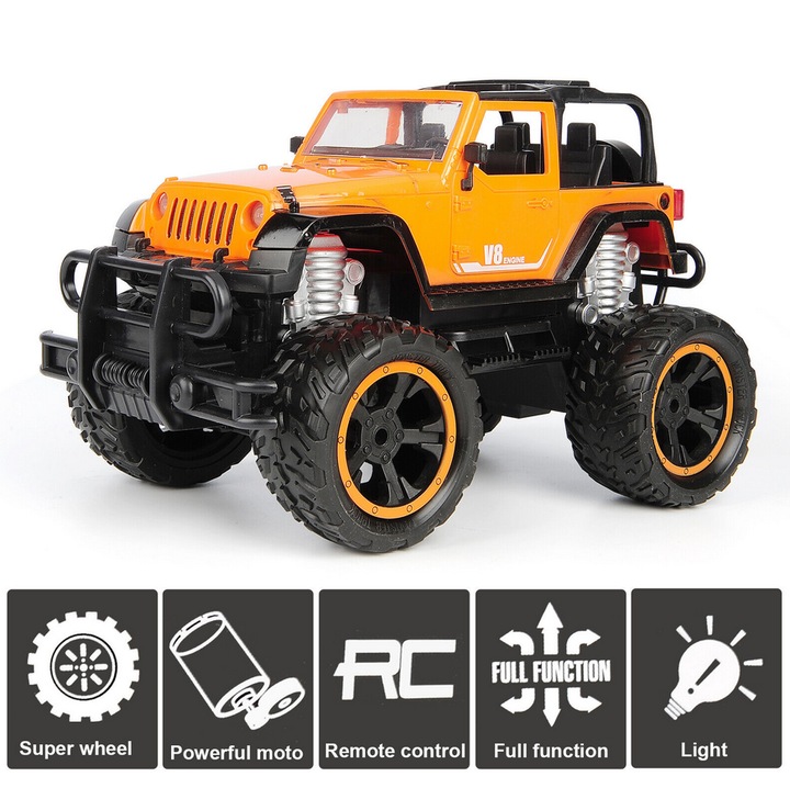 Masina Mega Truck OFF ROAD cu telecomanda, lumini LED, incarcare USB, acumulator inclus, 26x9x15 cm