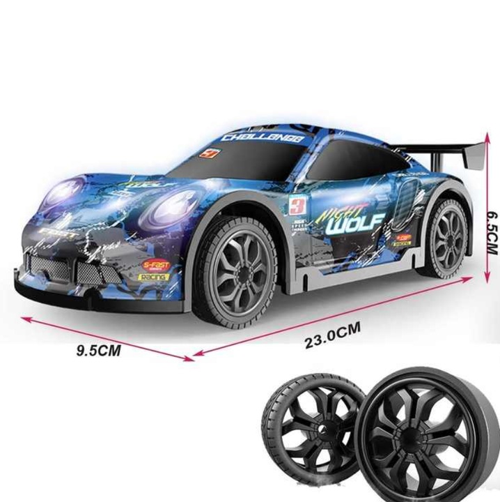 Masinuta cu telecomanda IQ Toys Drift Racing Car, corp luminos, roti rezerva, albastru, scala 1:24, dimensiune 23x9.5x6.5cm
