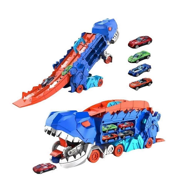 Camion dinozaur transformabil IQ Toys, 3 in 1, cu piste de curse și 2 maşini incluse, multicolor, 43.2x14.3x17.5cm