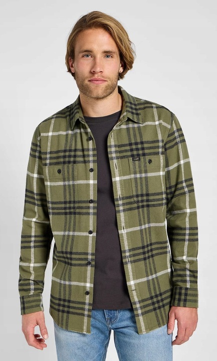 Camasa barbati, Lee, model WORKER SHIRT 2.0, supradimensionata, verde, bumbac, Verde, S