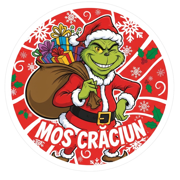 Sticker auto decorativ, abtibild, Mos Craciun Grinch, pentru caroserie, geamuri sau clapeta rezervor, v1, 16cm