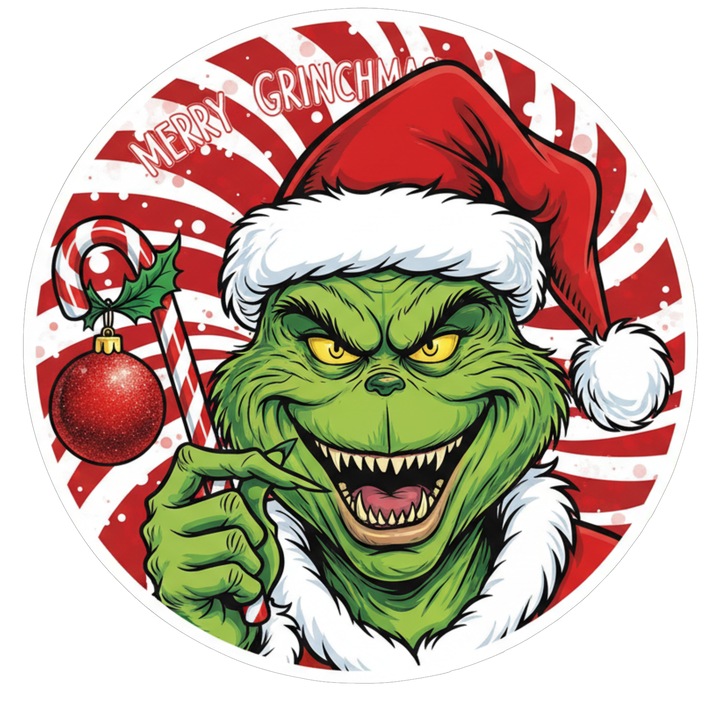 Sticker auto decorativ, abtibild, Mos Craciun Grinch, Merry Grinch. pentru caroserie, geamuri sau clapeta rezervor, v3, 16cm