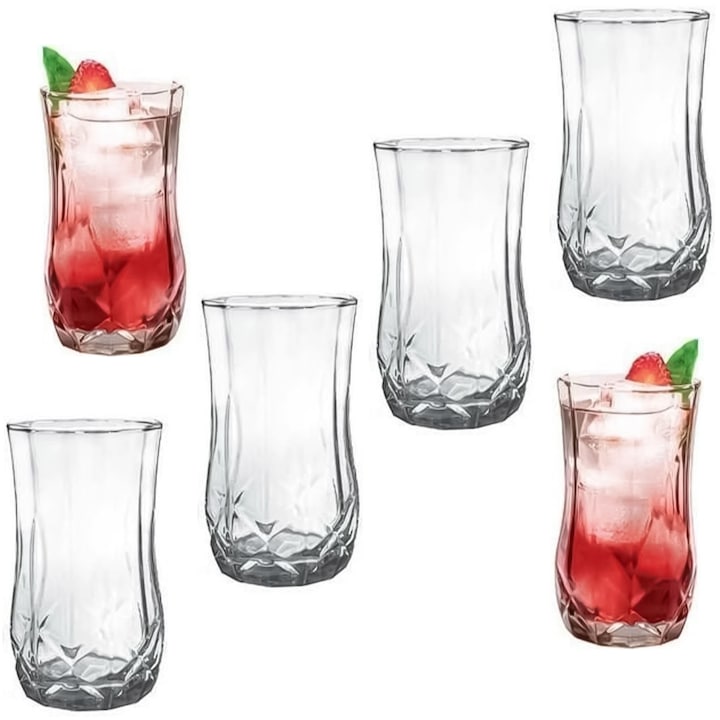 Комплект 6 високи стъклени чаши Madgenix 330 мл, Фасетиран геометричен дизайн, Коктейл, Сок, Тераса