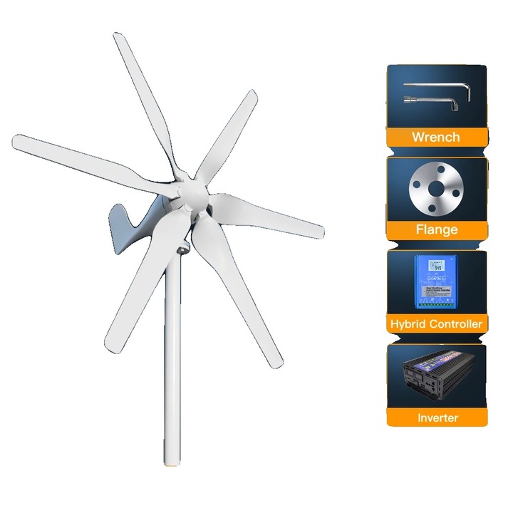 Generator eolian 3000W, 5 pale, 12V, sistem off-grid, 1.14m diametru, controler hibrid