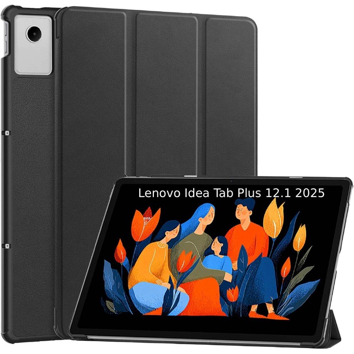 Тънък троен калъф за Lenovo Idea Tab Plus 12.1 (2025) – Ултратънък, Регулируема стойка, Функция Автоматично заспиване/събуждане, Лека и издръжлива защита – Черен