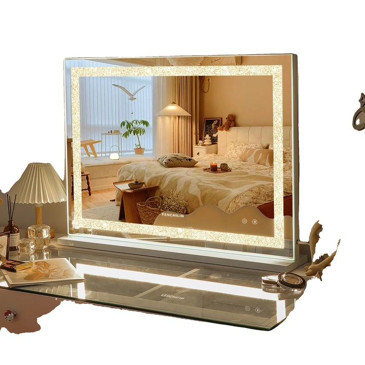 Oglinda cosmetica, LED dimabil, difuzor Bluetooth, alb, 80x58cm