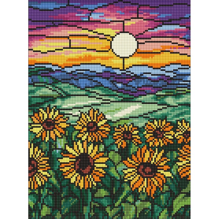 Set goblen cu diamante, cu sasiu, Vitraliu cu floarea soarelui, 30x40 cm