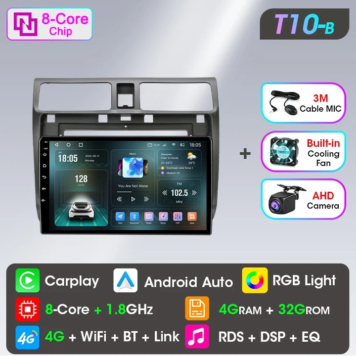 Sistem multimedia auto, T10B-Camera, control vocal, ecran tactil, 23x14x7cm, compatibil cu Suzuki Swift 2003-2010