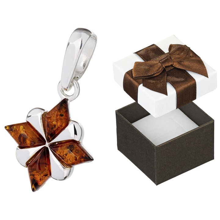 Pandantiv argintiu cu chihlimbar, Siju, model Roza Vanturilor, dimensiune mica, argint