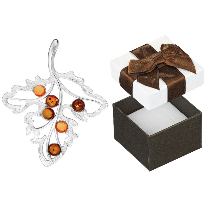 Pandantiv argintiu cu frunza, chihlimbar, Siju, bijuterii dama, argint