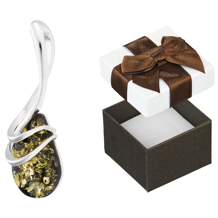 Pandantiv argintiu cu chihlimbar verde, bijuterii dama, Siju, argint