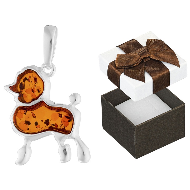 Pandantiv argintiu cu catelus Pudel, chihlimbar, Siju, argint