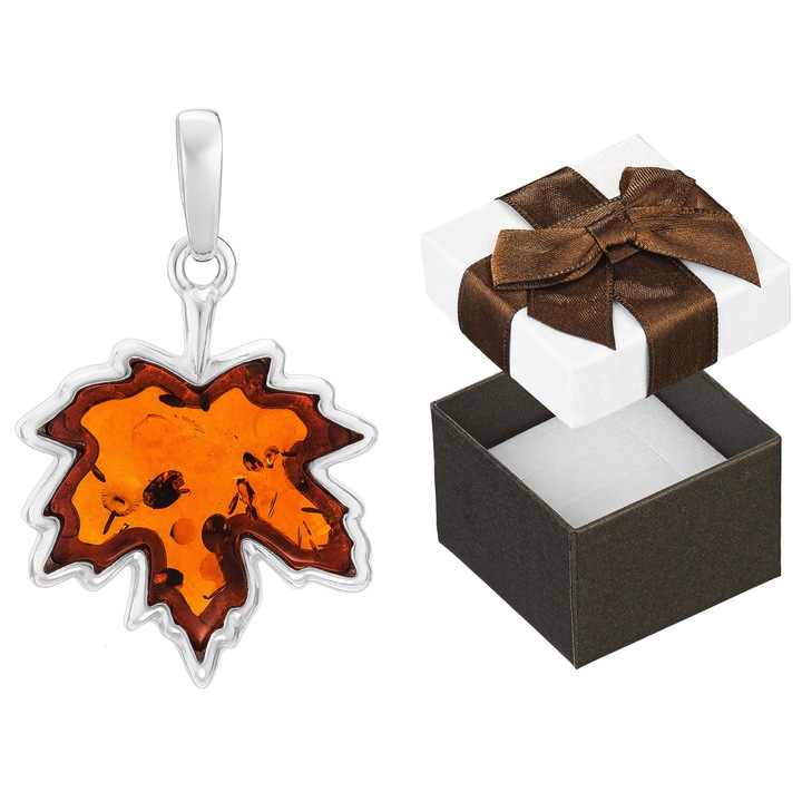 Pandantiv argintiu cu frunza de artar, chihlimbar, Siju, argint