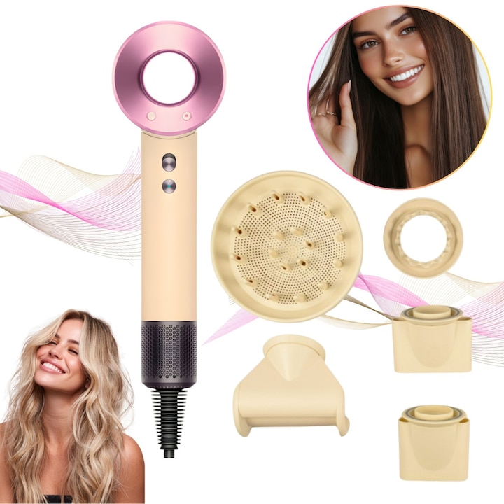 Сешоар, Против къдрене, Йонизация, Мощност за стилизиране, Термична защита, Бързо ефективно сушене, Студен въздух, Ергономичен дизайн, Магнитни дюзи, 1600W, Кремав/Лилав