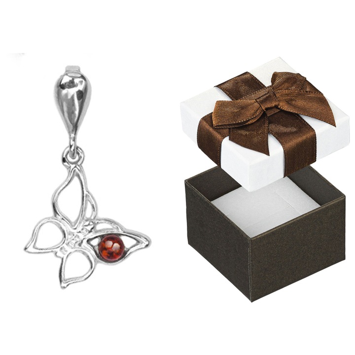 Pandantiv argintiu cu fluture si chihlimbar, Siju, bijuterii dama