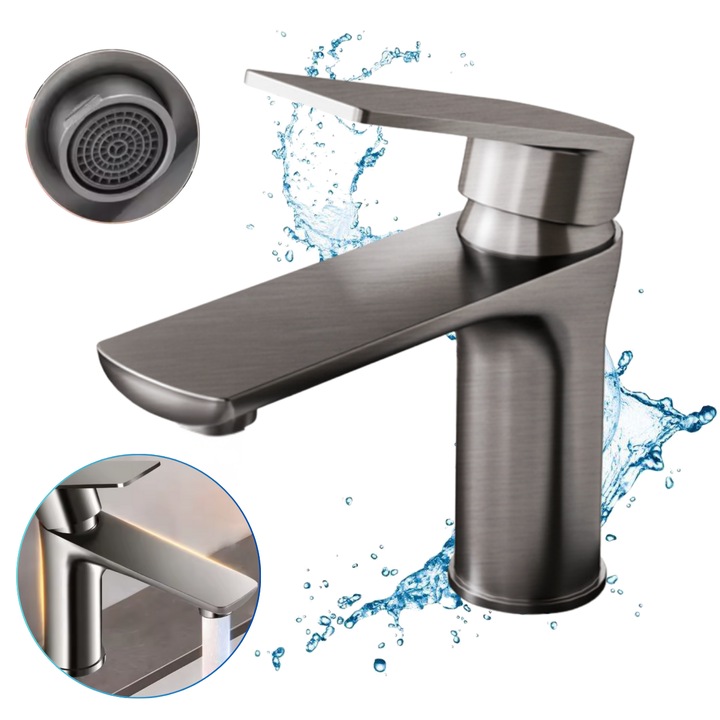 Смесител за баня, 2 включени маркуча 80 см, Универсален модел, Безшумна водна струя, Покритие против варовик и надраскване, Съвместим с мивки за плот RV, Икономия на вода, Масивен месинг, Полиран сив