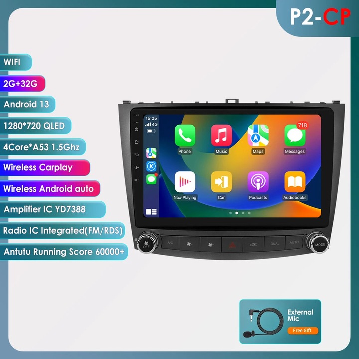 Sistem audio auto multimedia, P2 CP-4Core-2G 32G, ecran tactil, 10.1", 287x248x183mm, compatibilitate larga