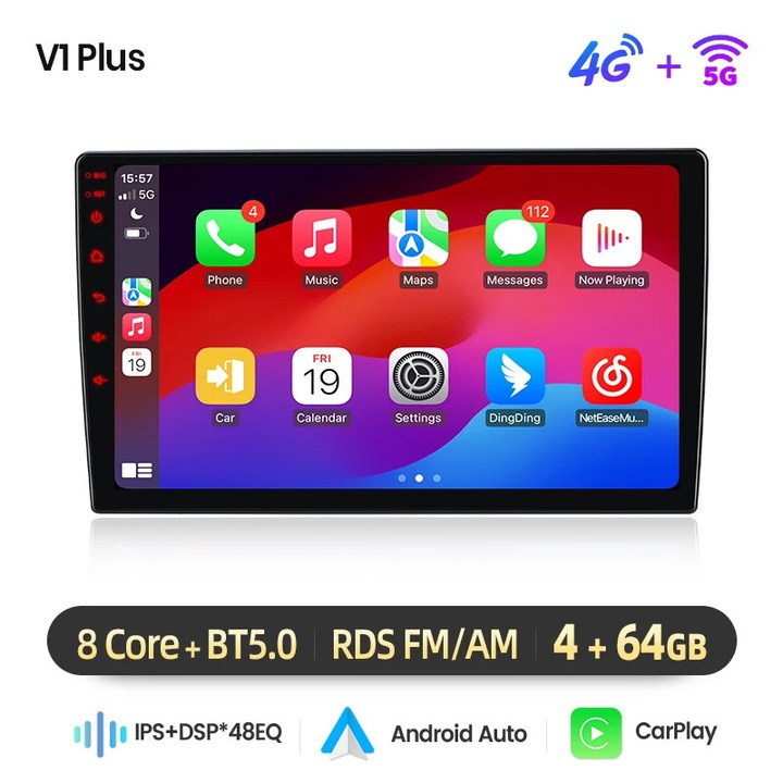 Sistem multimedia auto, 10 inch, V1 Plus (4GB 64GB), compatibil Toyota Hilux PickUp, 4x45W, Android 13