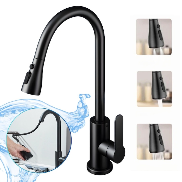Кухненска батерия с изтеглящ се чучур, Включени маркучи, 3 струи, 3 режима за бързо измиване и ефективно изплакване, Неръждаема стомана без олово, Против натрупване на котлен камък, Керамичен механизъм, Черен