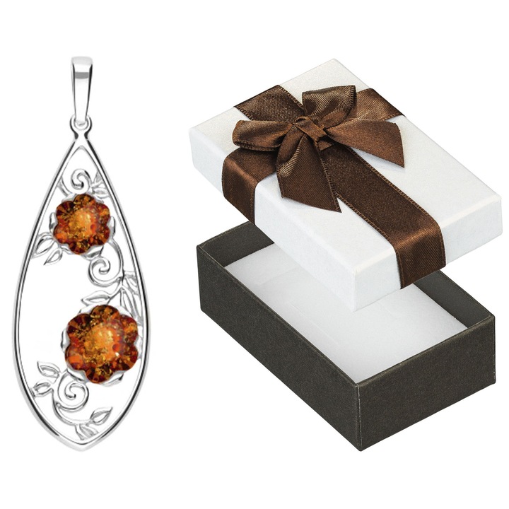 Pandantiv argintiu cu flori si chihlimbar, Siju