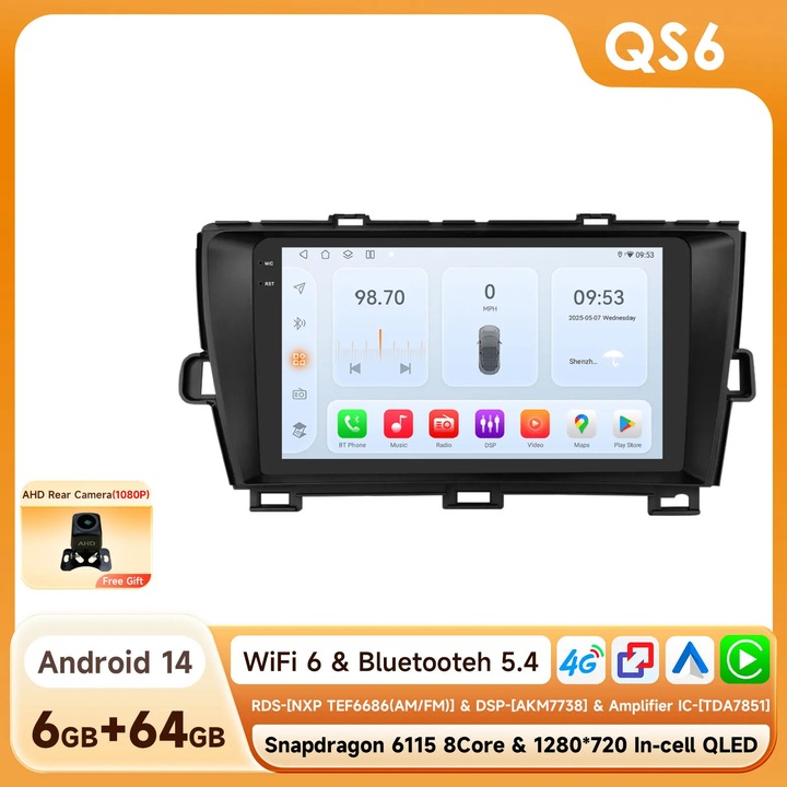Radio auto multimedia, QS6 AHDC2, 9 inch, 1280x720, 12V, pentru Toyota Prius 2009-2015
