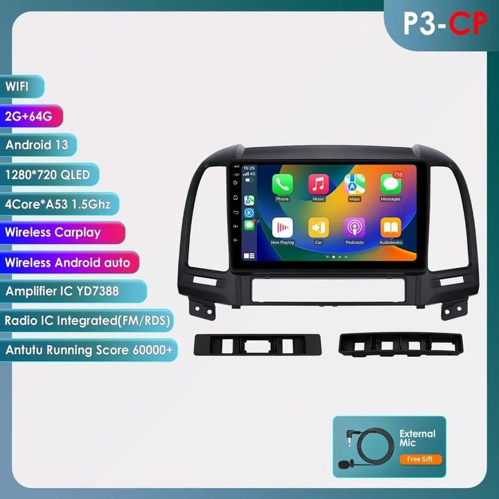 Radio multimedia cu control vocal, compatibil Hyundai Santa Fe 2 2006-2012, 9 inch, 4x45w, 256G