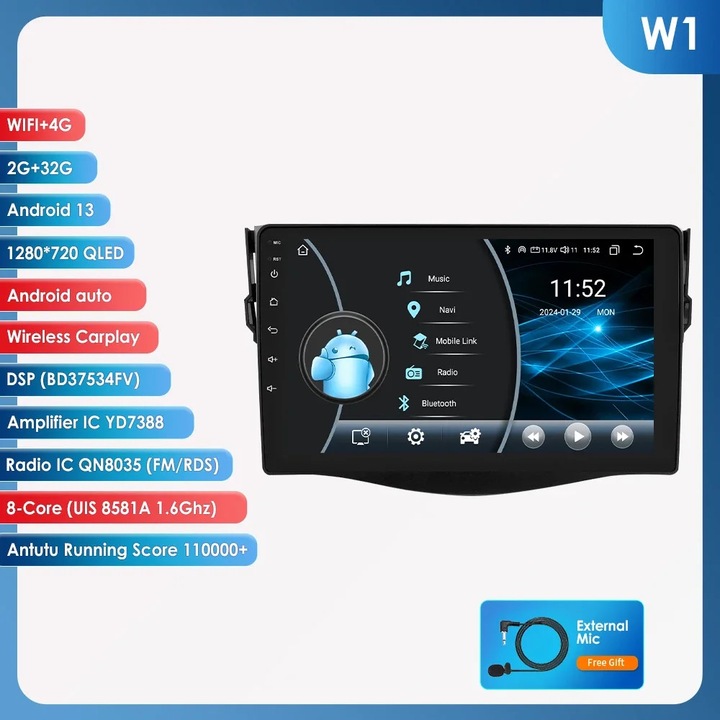 Sistem multimedia auto, 9 inch, 50W x 4, compatibil cu Toyota RAV4 (2006-2012), W1-4G 8Core-2G 32G