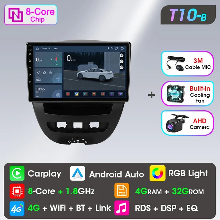 Player multimedia auto, T10-B-camera, ecran tactil, rezolutie inalta, 24x20x12cm, multicolor