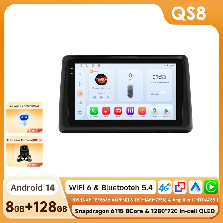 Player multimedia auto, 9", 128GB stocare, 50W, QS8 AHD2 AI