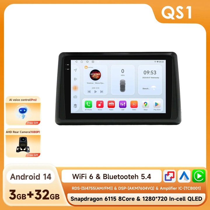 Player multimedia auto, 9", 128GB stocare, 50W, QS1 AHD2 AI