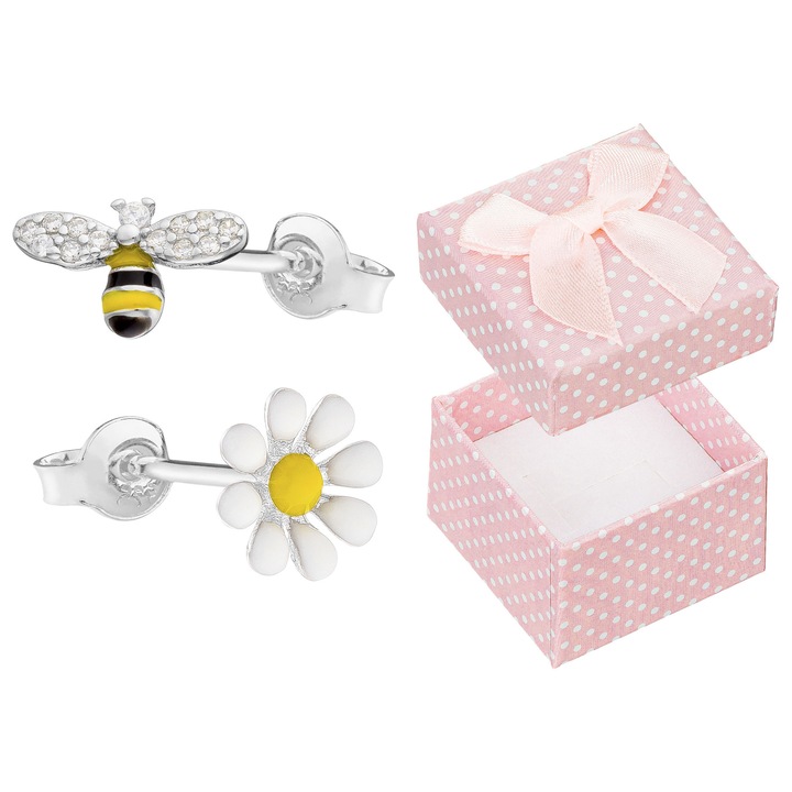 Cercei argintii cu zirconii, Siju, floare si albina, pentru fetite