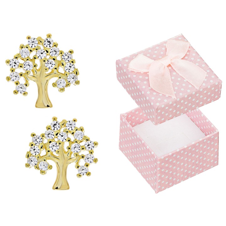 Cercei Siju, placati cu aur, cu zirconii, arborele fericirii, aurii