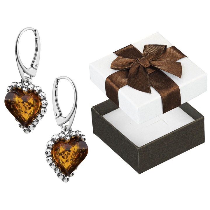 Cercei argintii cu inimioare si chihlimbar, Siju