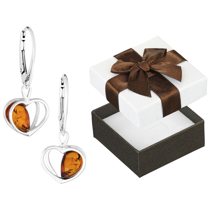 Cercei Siju, model inima cu chihlimbar, argint, 2x3cm