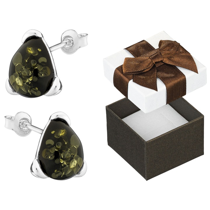 Cercei dama, Siju, argint 925, chihlimbar verde, tip stud