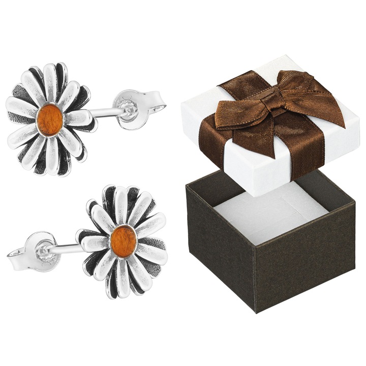 Cercei dama Siju, flori cu chihlimbar, argint, oxidat