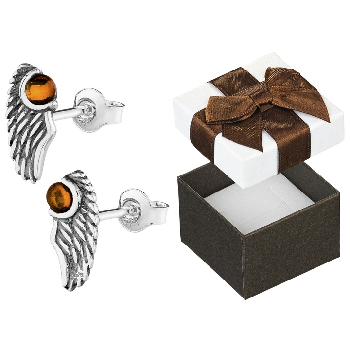 Cercei argintii cu aripi si chihlimbar, Siju, dama, 925