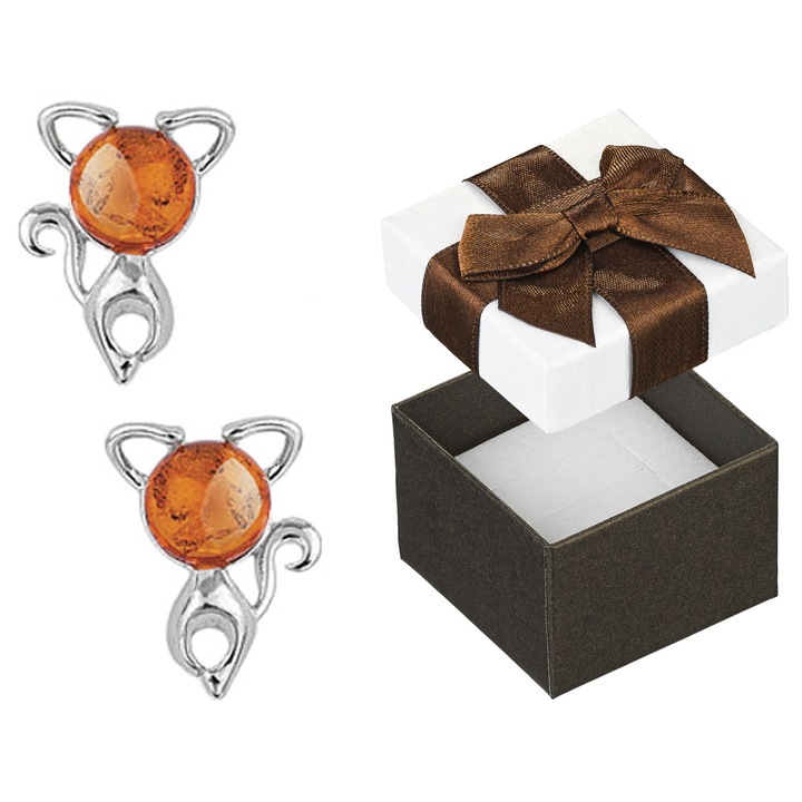 Cercei argintii cu chihlimbar, Siju, pisici mici, 925